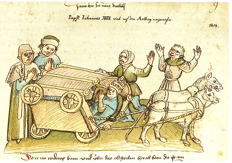 Mittelalterliche Illustration zeigt den umgestürzten Reisewagen des (Gegen-)Papstes
