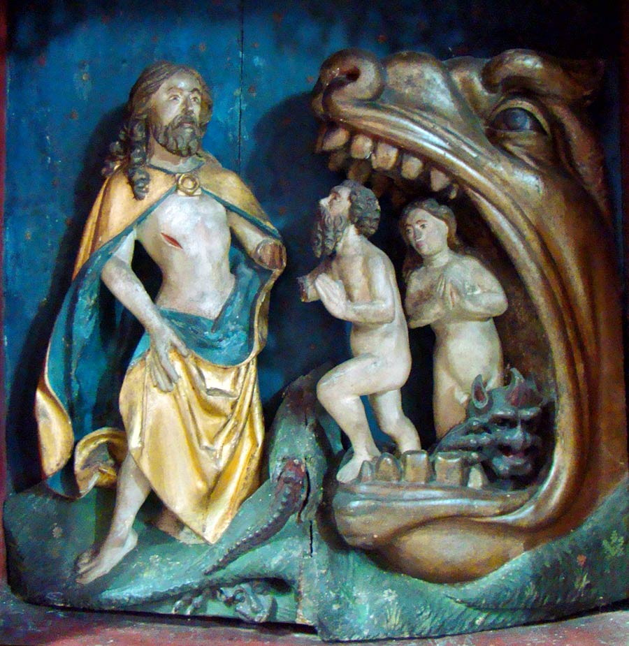 Die vollplasisch ausgeführten Figuren zeigen die Szene, wie Christus die STammeltern dem Drachenmaul der Hölle entreißt, während Satan vergeblich protestiert.