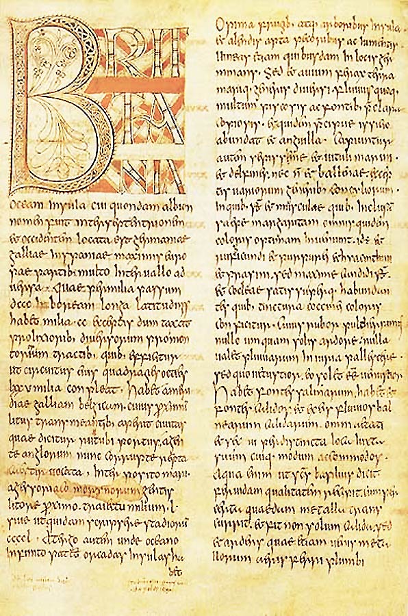 Das Bild zeigt eine Manuskriptseite in frühmittelalterlicher Uzial-Schrift und einer dekorativen Initiale.