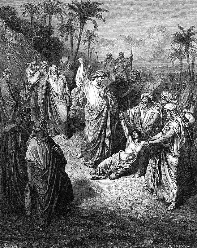 Die Bibelillustration von Gustave Doré zeigt die Szene des Evangeliums, in der Christus den stummen Dämon austreibt.