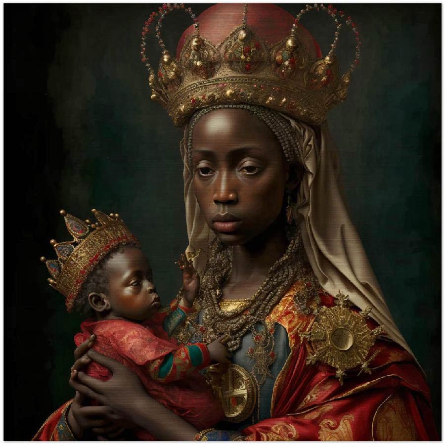 Das Bild zeigt eine in altmeisterlicher Malweise ausgeführte reich geschmückte Statue der Madonna mit dem Jesuskind, wobei die Gesichter wie aus dunklem Holz geschnittzt erscheinen und afrikanische Züge tragen.