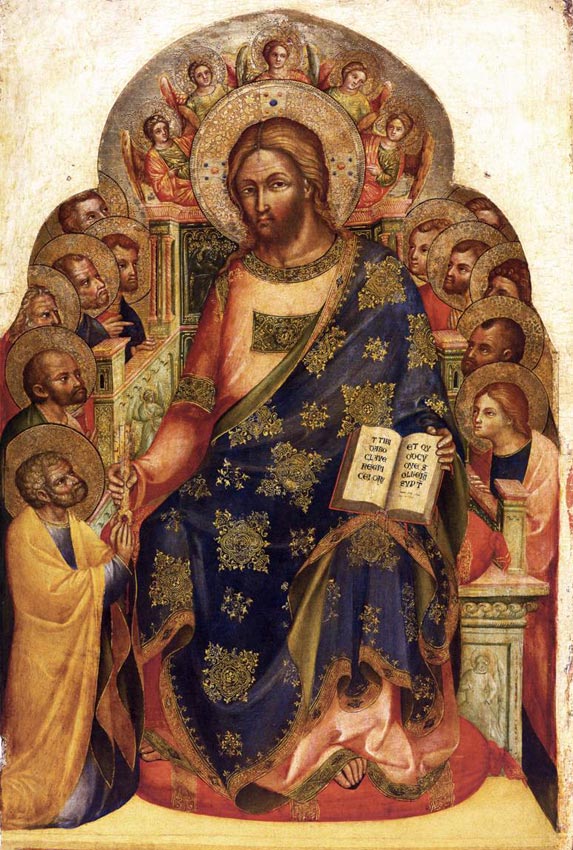 Das Gemälde aus der Renaisance zeigt Bildfüllend groß Christus, der dem klein vor ihm Knienden Petrus die Schlüssel übergibt.