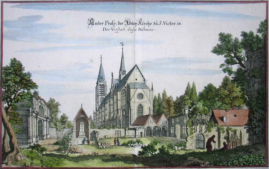 Die Abteikirche in einem Holzschnitt des 17. Jahrhunderts