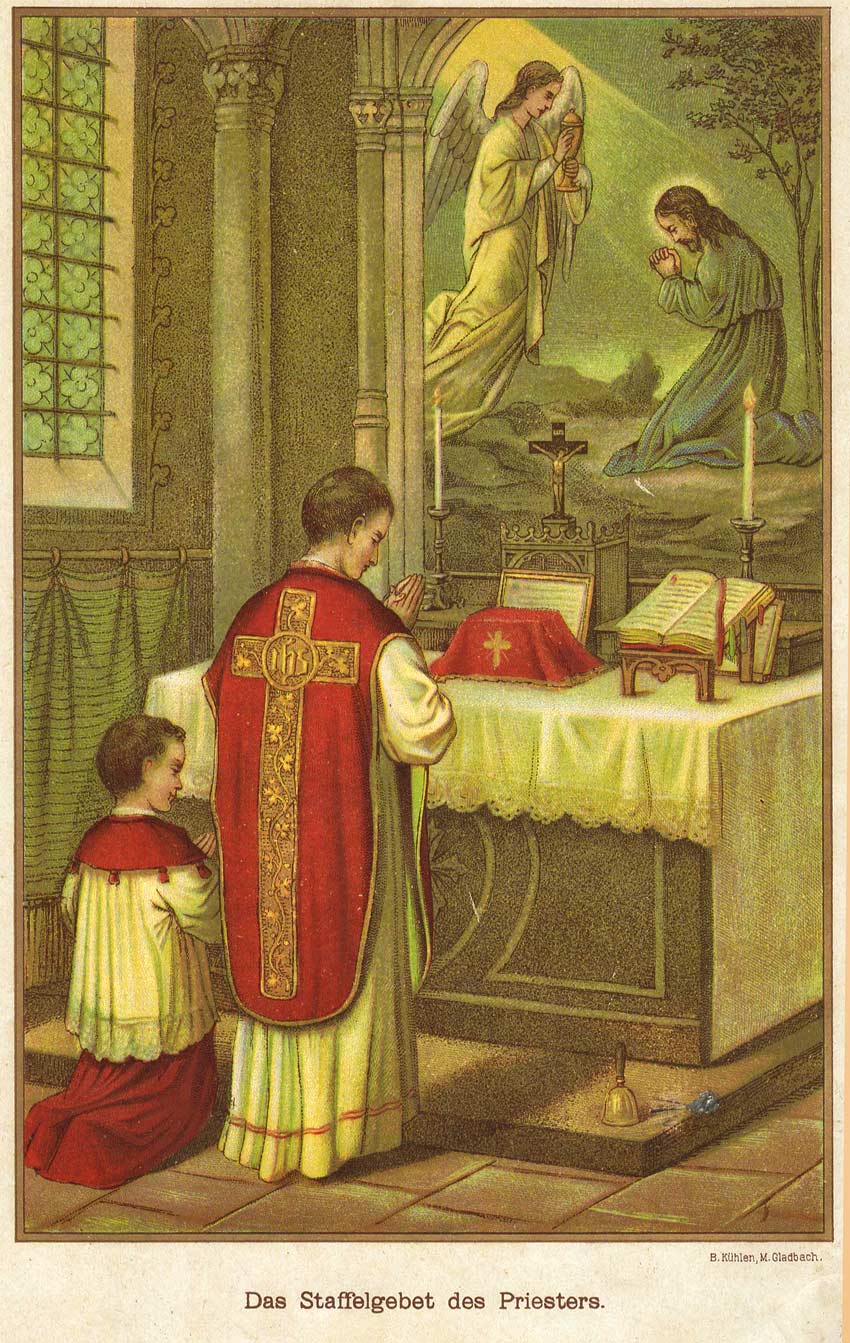 Der Stahlstich des ausgehenden 19. Jh. zeigt Priester und Ministrant vor dem Altar, dessen Bild den kniend betenden Jesus zeigt, der im Ölberggarten von einem Engel gestärkt wird.