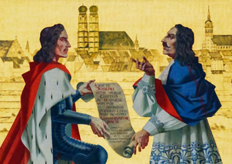 Das Historienbild aus dem 19. Jahrhundert zeigt König und Bischof mit einem Vertragsdokument vor dem Hintergrund der Münchener Marienkirche