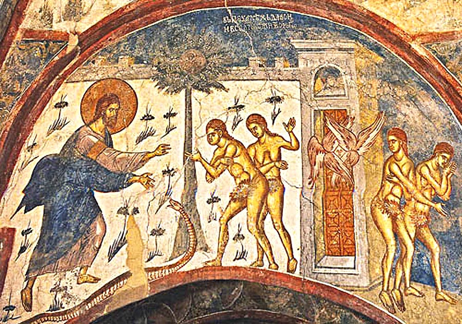 Das Wandbild im orthodoxen Stil zeigt die Szenen des Sündenfalls und der Vertreibung der Stammeletern aus dem Paradies
