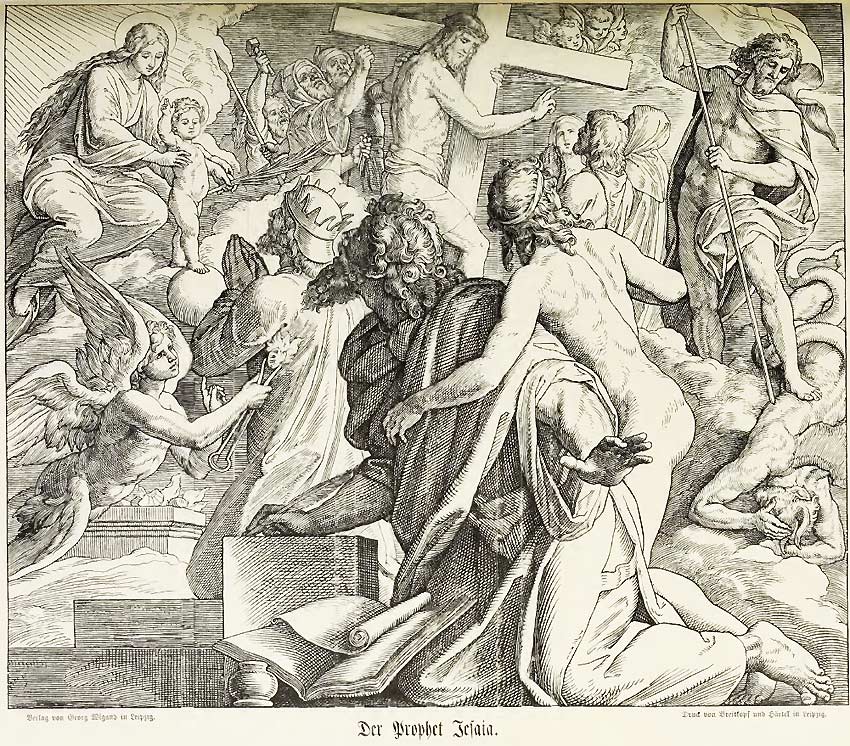 Der Holzschnitt nach Schnorr von Karolsfeld zeigt im Vordergrund den Propheten Jesaja und im Hintergrund die Visionen von der Geburt Jesu, vom Tod am Kreuz und von der Auferstehung