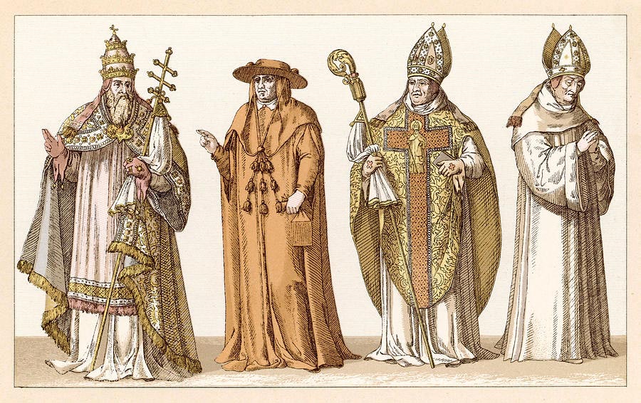Der kolorierte Stahlstich zeigt die Geandung cvon Papst, Kardinal, Erzbischof und Bischof
