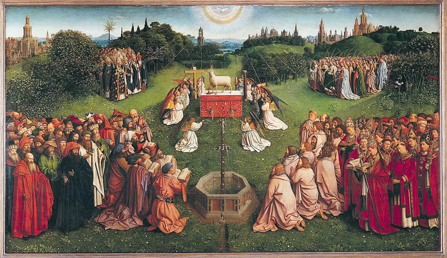Ausschnitt aus dem Genter Alter mit der Tafel der 'Hochzeit des Lammes'.