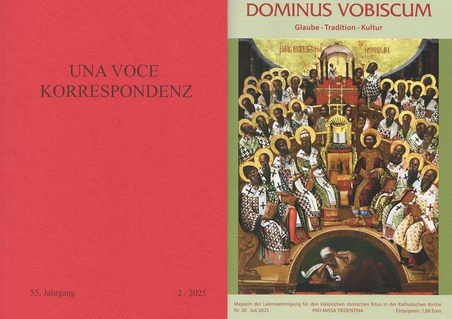 Die Montage zeigt die Umschlaggestaltung beider Zeitschriften. Die UVK imklassischen Rot mit der Titelei, „Dominus Vobuscum“ eine frühneuzeitliche Darstellung des Konzils von Nikäa in pseudo-byzantinishem Stil