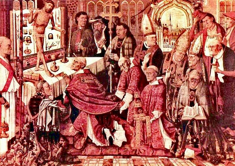 Das Das Gemälde zeigt eine Messfeier des hl. Papstes Gregor, während der der Gekreuzigte vom Kruzifix herabsteigt und für den Zelebranten und seinen ganzen Hofstaat sichtbar wird.