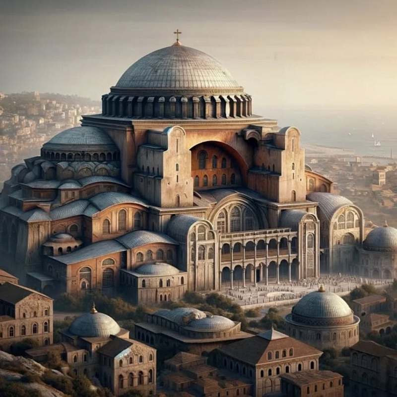 Das mit KI verfremdete Photo zeigt eine Rekonstruktion der Hagia Sophia ohne Minarettee und mit Kreuz auf der Kuppel in einer antik-römischen Umgebung.