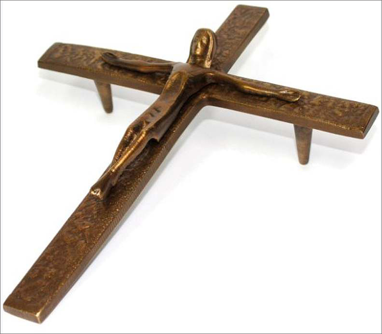 Ein „Zeichen des Widerspruchs“ ist das Kreuz von Anfang an - und deshalb wird es gerne unsichtbar gemacht. Das Photo aus dem Katalog eines Anbieters für Kirchenbedarf zeigt eine besonders verflachte Form eines Liegekreuzes
