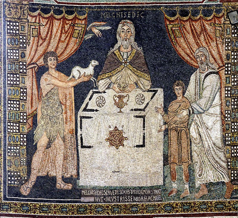 Das Mosaic aus St. Appolinaris in Ravenna zeigt Melchisedech mit den Opfern von Brot und Wein, links von ihm Abel mit dem Opferlamm, rechts Abraham mit seinem Sohn Isaak