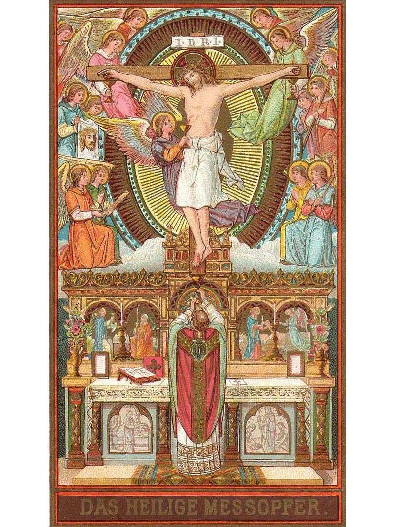 Klassische Darsteellung mit dem Priester, der dem Altar und in Einheit mit dem Gekreuzigten in Gegenwart des ganzen himmlischen Hofstaates und der Heiligen des alten und des neuen Bundes dem Herrn das Opfer darbringt Klassische Darsteellung mit dem Priester, der dem Altar und damit Christus zugewandt das Opfer darbringt