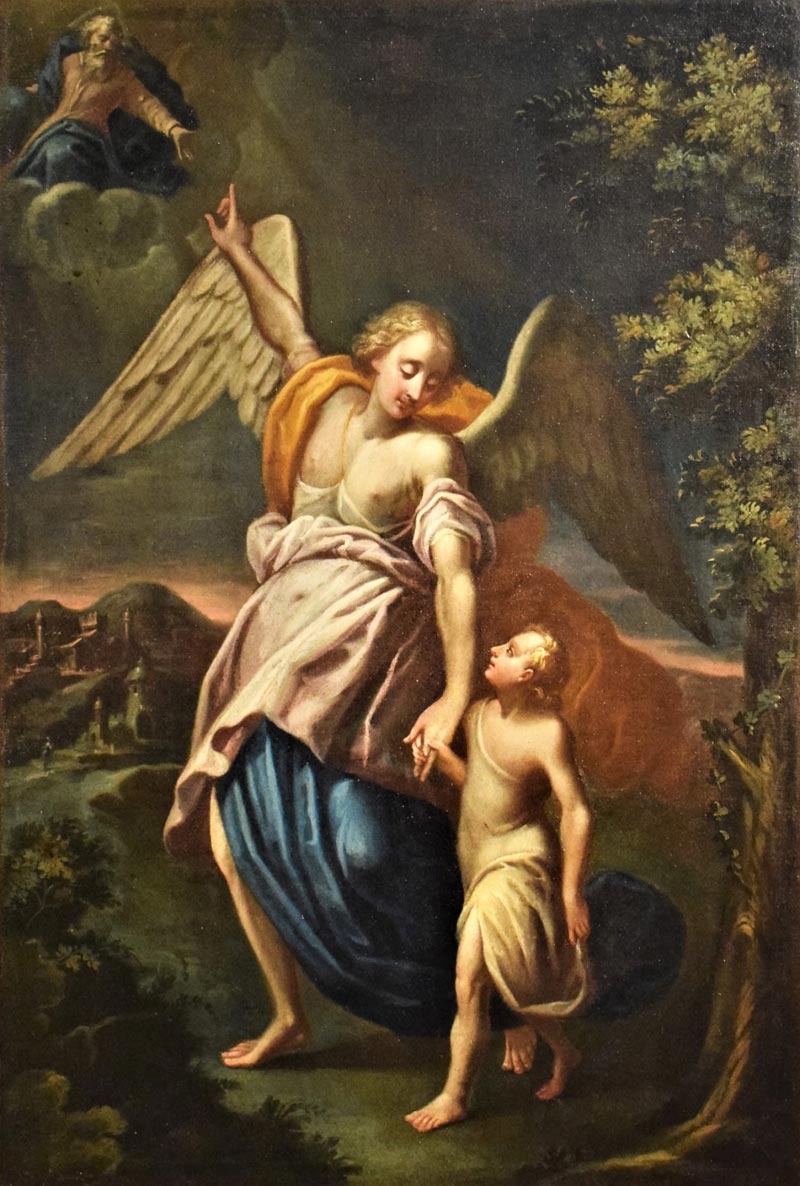 Das Gemälde im klassischen italienischen Stil zeigt im Zentrum einer idealisrten Landschaft den Schutzengel, der an der Linken Hand ein nicht mehr ganz kleines Kind führt und mit der ausgestreckten Rechten auf den über den Wolken Thronenden Gottvater verweist.
