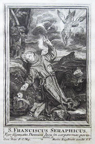 Buchillustration von Martin Engelbrecht. Der Metallschnitt des 18. Jh. zeigt den am Boden kauernden Franziskus, der von Christus in der Gestalt eines Seraphs die Wundmale empfängt.