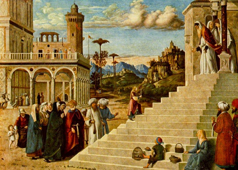 Das Gemälde im Stil der Renaissance zeigt eine für das Mitelalter typische Darstellung des Tempels mit einer jeden Maßstab sprengenden gewaltigen Treppe von 15 Stufen, die zum Allerheilgsten hinaufführt. Das Kind Maria verschwindet fast auf dieser Treppe - auf deren unteren Stufen ein mit weltlichen dingen spielendes kleines Mädchen abgebildet ist.