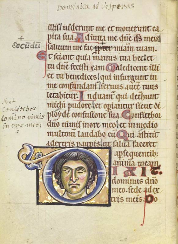 Seite aus der Handschrift mit einer großen Initiale: Das Haupt Christi im Buchstaben 'd'