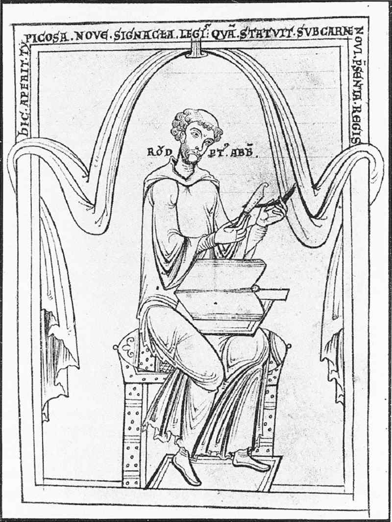 Die Zeichnung aus einer mittelalterlichen Handschrift zeigt den Heiligen beim Anspitzen einer Schreibfeder