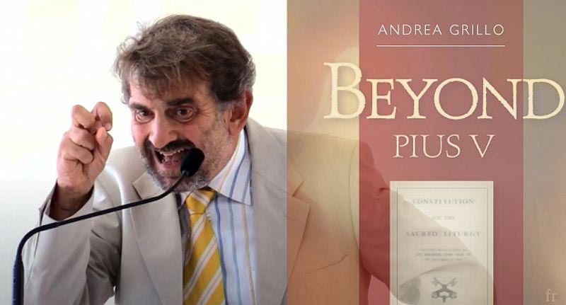 Montage eines eifenden Grillo bei einem Vortrag vor dem als Hintergrund einmontierten Titel seines Buches: Beyond Pius V