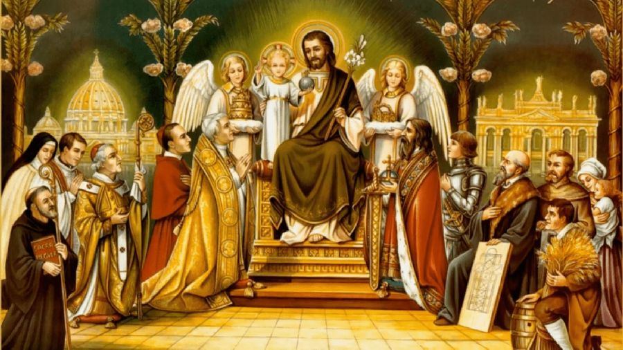 Die ungewöhnliche Darstellung zeigt Joseph auf einem Thron sitzend mit dem Kinde Jesus als Weltenherrscher auf dem Schoß und drumherum alle Stände der Kirche, die seinen Schutz erbitten.