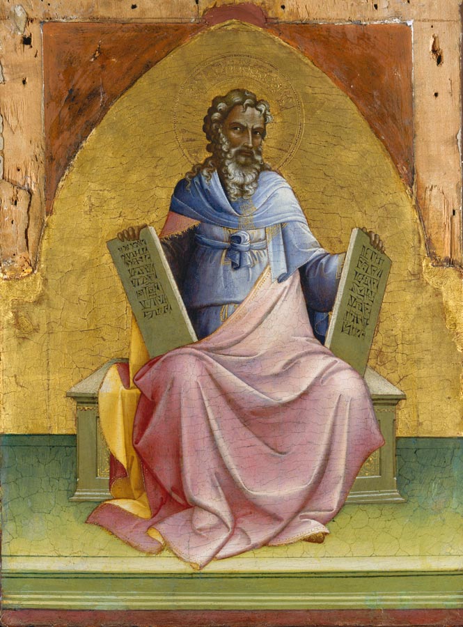 Moses mit den Tafeln der Gebote auf dem Thron des Gesetzes