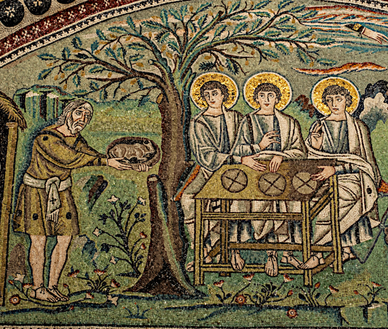 Das Mosaik aus San-Vitale in Ravenna zeigt die Szene der Bewirtung 'Des Herrn' durch Abraham. Dabei wird 'der Herr' durch drei Jünglinge dargestellt, die sich in keiner Weise voneinander untersheiden.