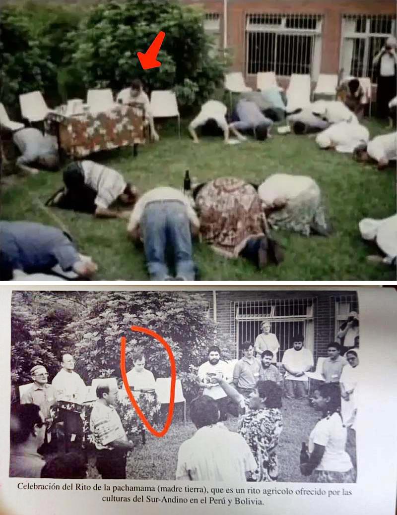 Die Abbildung zeigt zwei übereinander montierten Aufnahmen, offenbar im Abstand weniger Sekunden in Farbe (als Schmalfilm?) und mit einer SW-Kamera aufgenommen, mit P. Robert Prevost als Teilnehmer einer Pachamama-Zeremonie.