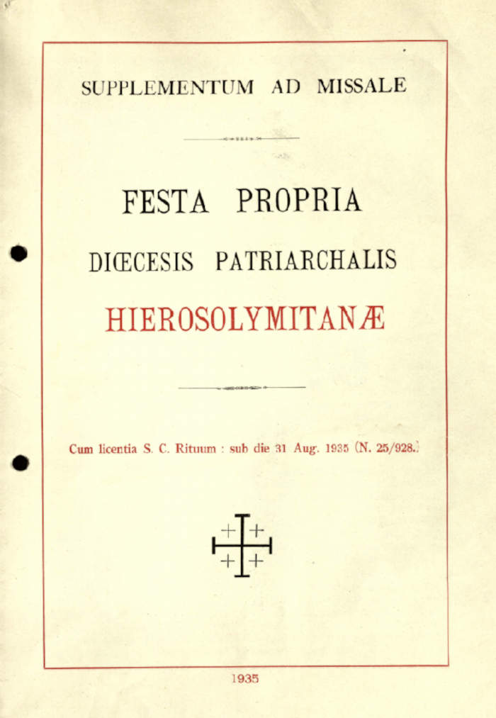 Die Abbildung zeigt das Titelblatt des Supplements 'Festa Propria Dioecesis Patriachalis Hierosolymitanae' in der üblichen Gesataltung solcher Ergänzungsbände für das Missale Romanum.